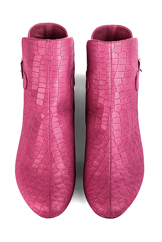 Fuschia pink women's ankle boots with buckles at the back. Round toe. Flat block heels. Top view - Florence KOOIJMAN